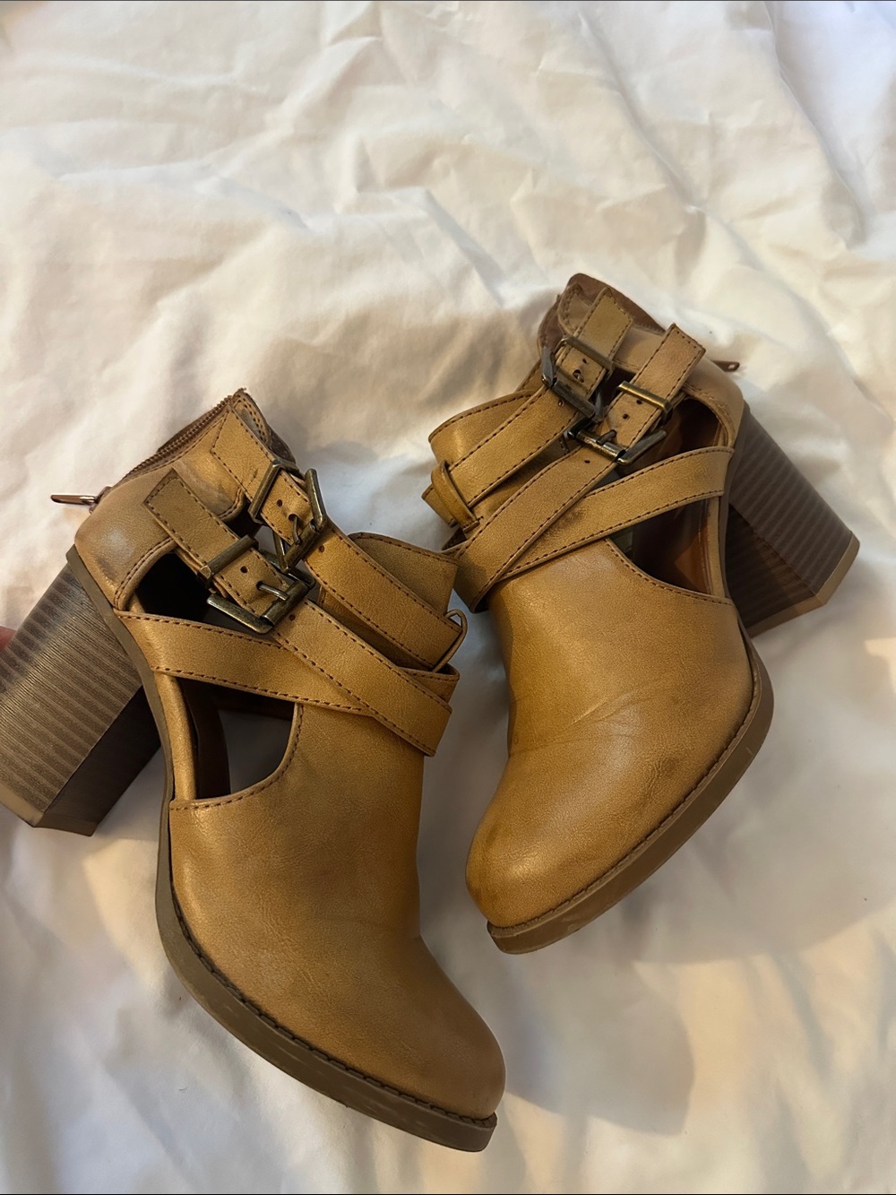 Women’s Tan Cutout Block Heel Booties - Stylish Buckle Detail